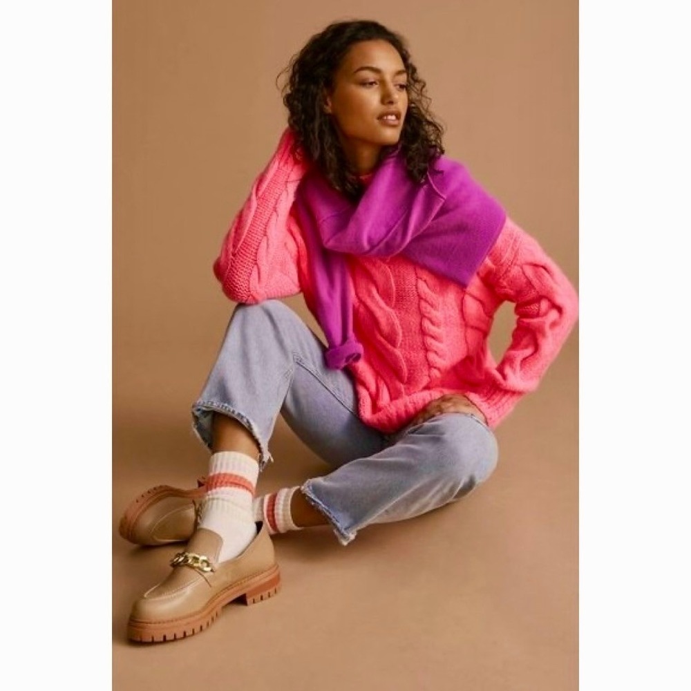 By‎ ANTHROPOLOGIE Pink Cableknit Sweater Wool Pullover Knitwear Small